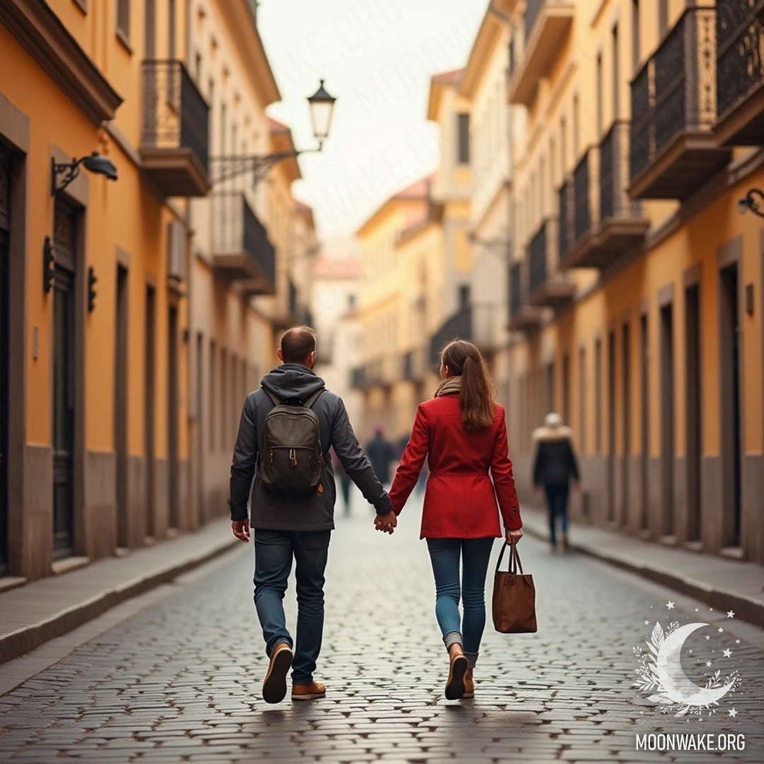 Пара, держась за руки, гуляет по мощёной улице очаровательного города.