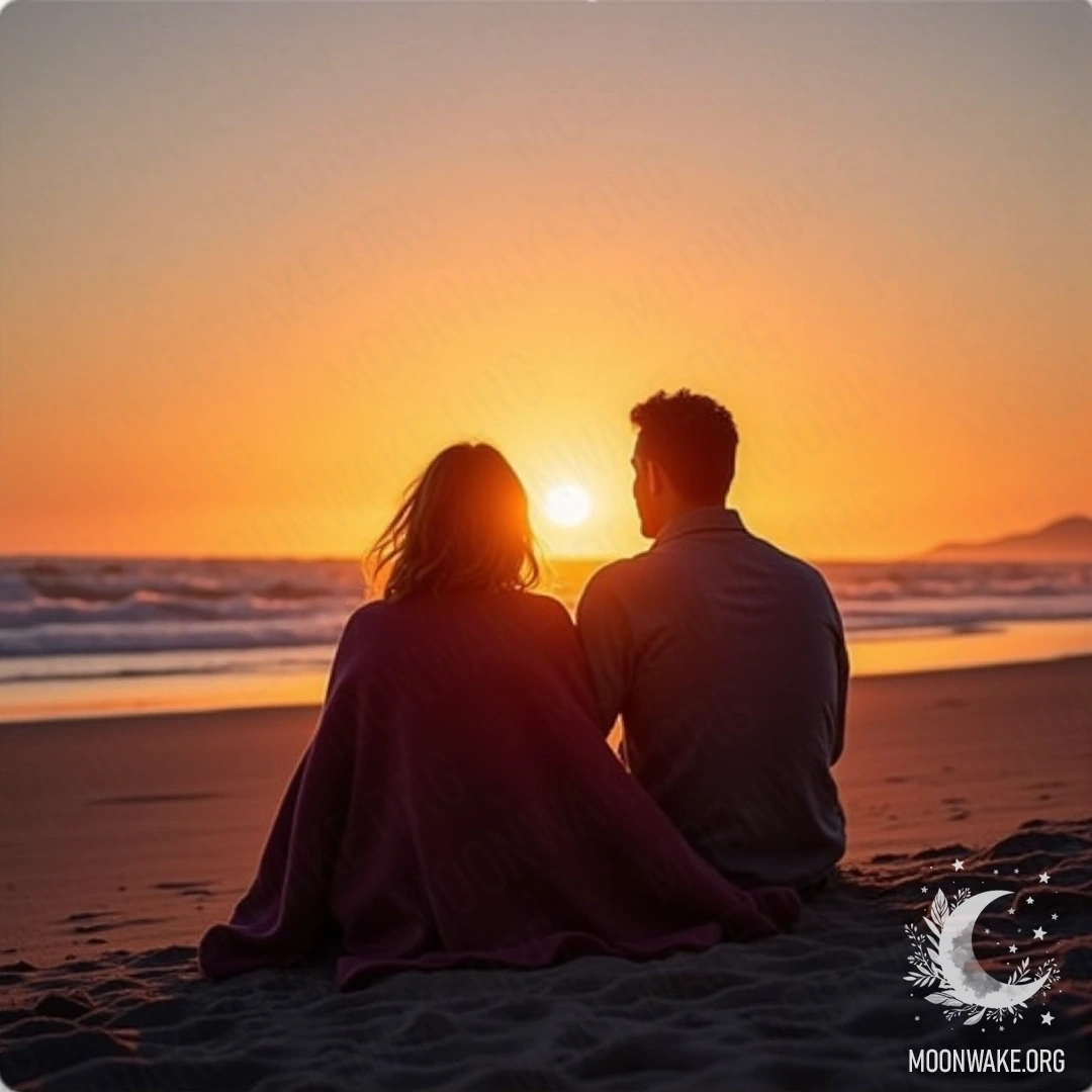 Пара, сидящая на песке, завернутая в одеяло, наблюдающая за рассветом вместе.