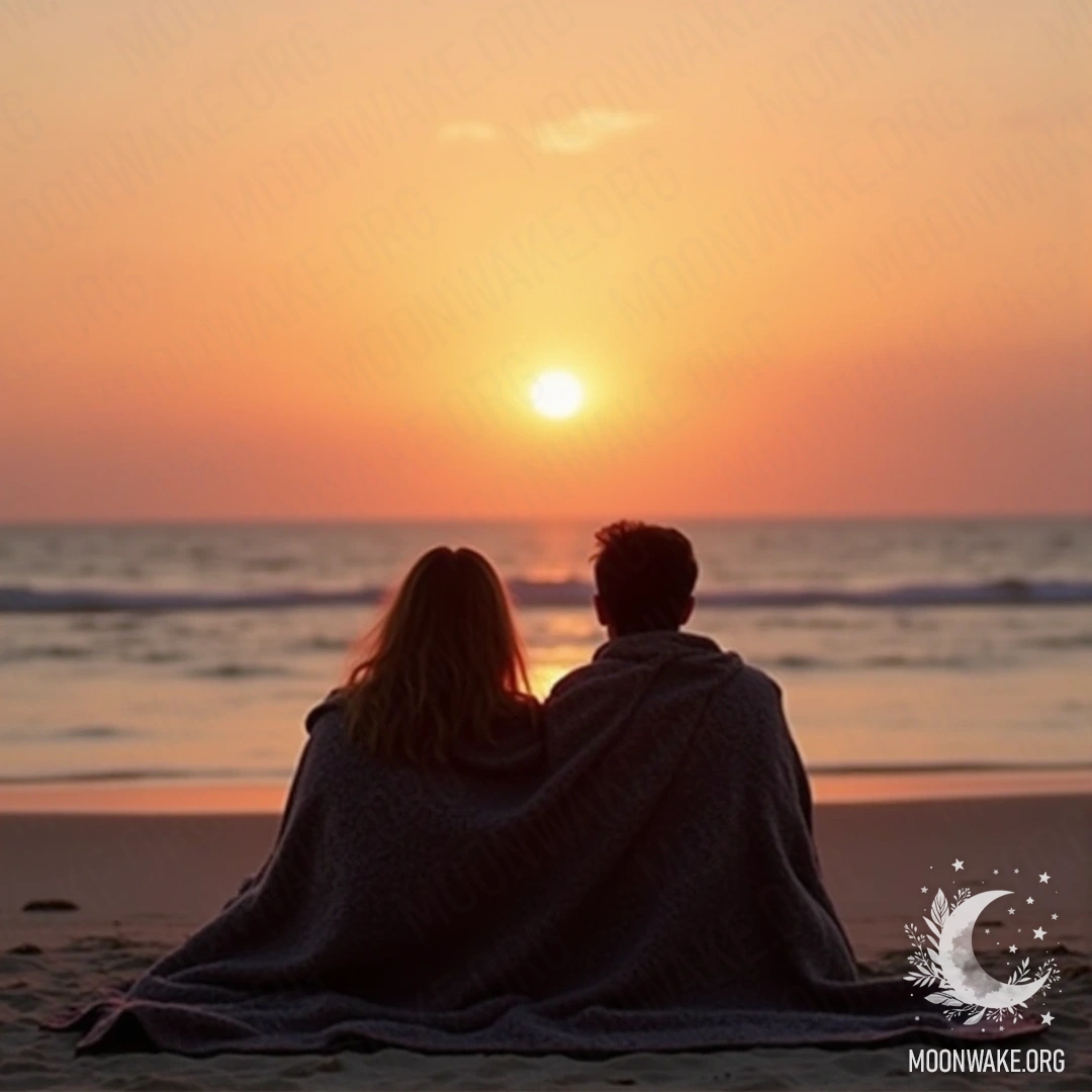 Пара, сидящая на песке, завернутая в одеяло, наблюдающая за рассветом вместе.