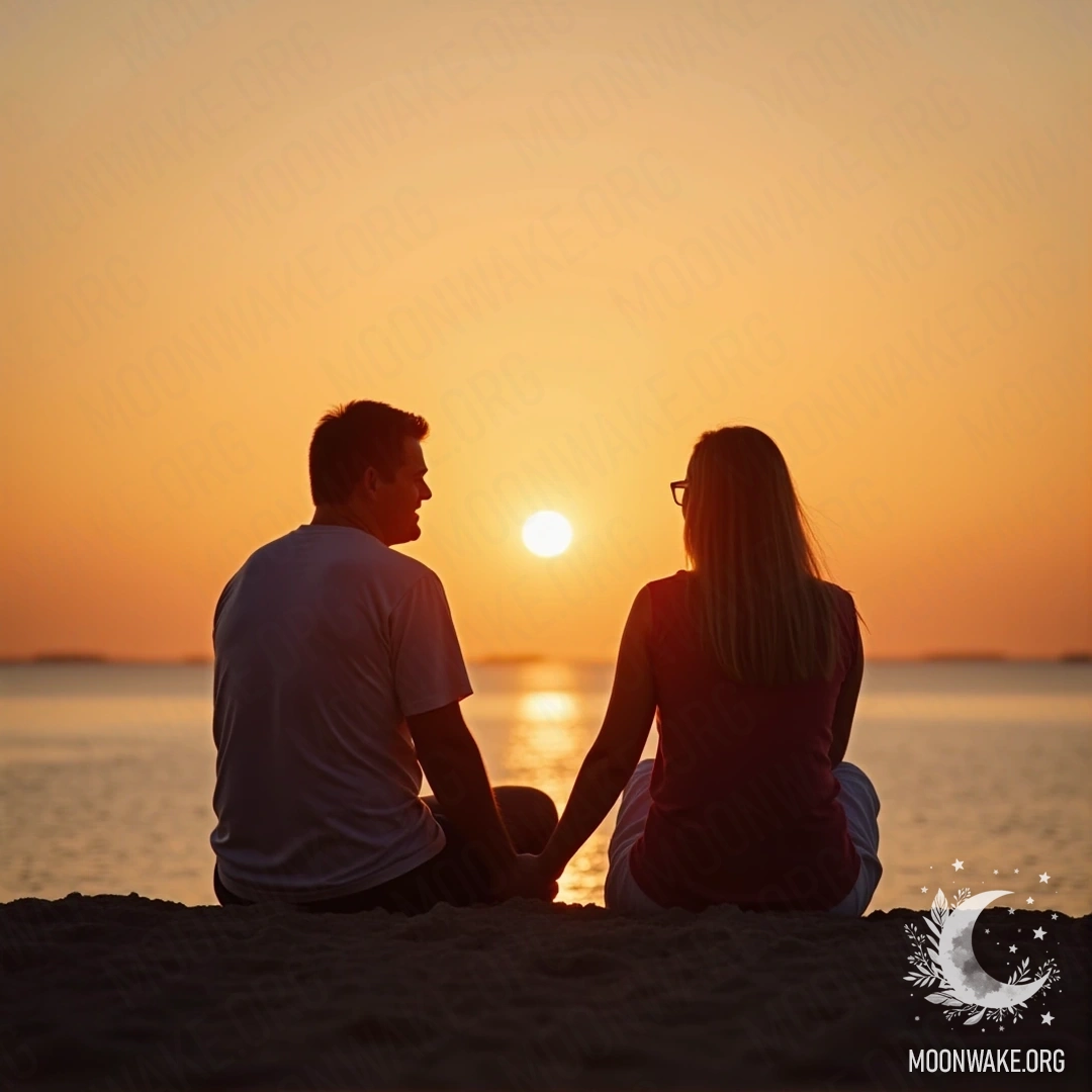 Пара, сидящая на пляже за руки, наблюдает за закатом.