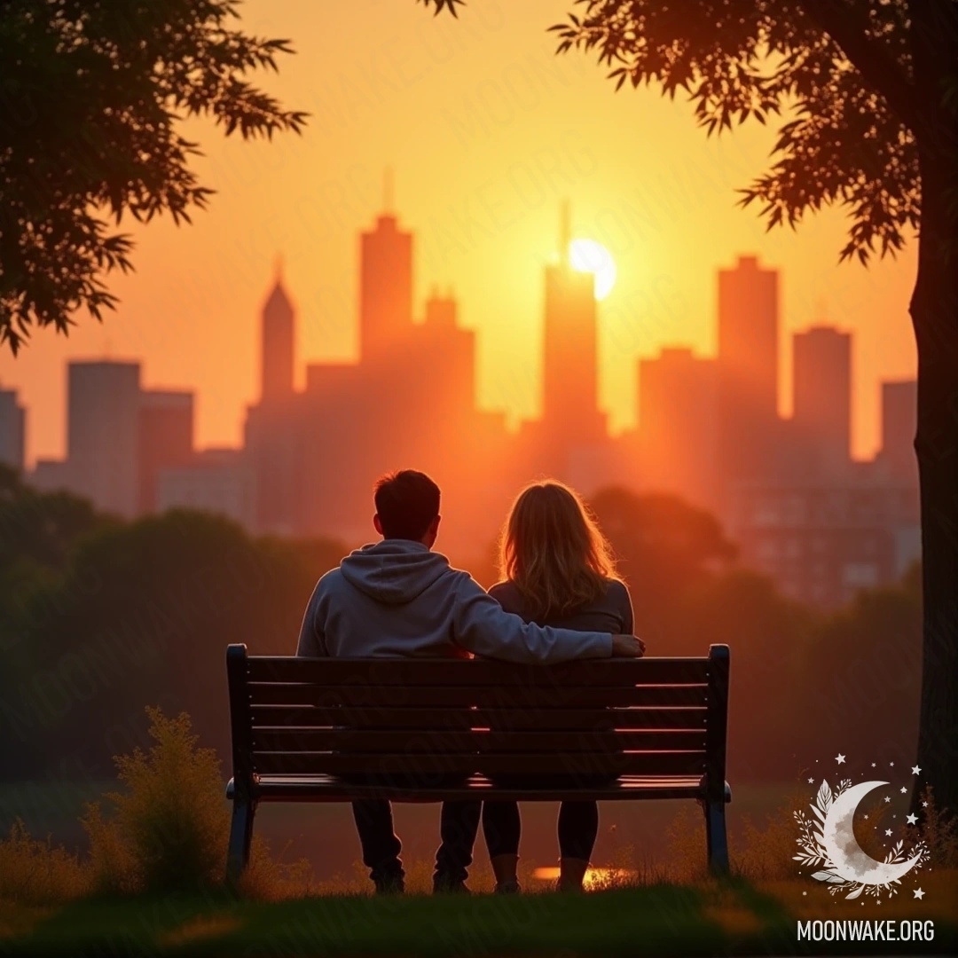 Пара сидит на скамейке в парке и наблюдает за красочным закатом над городским горизонтом.