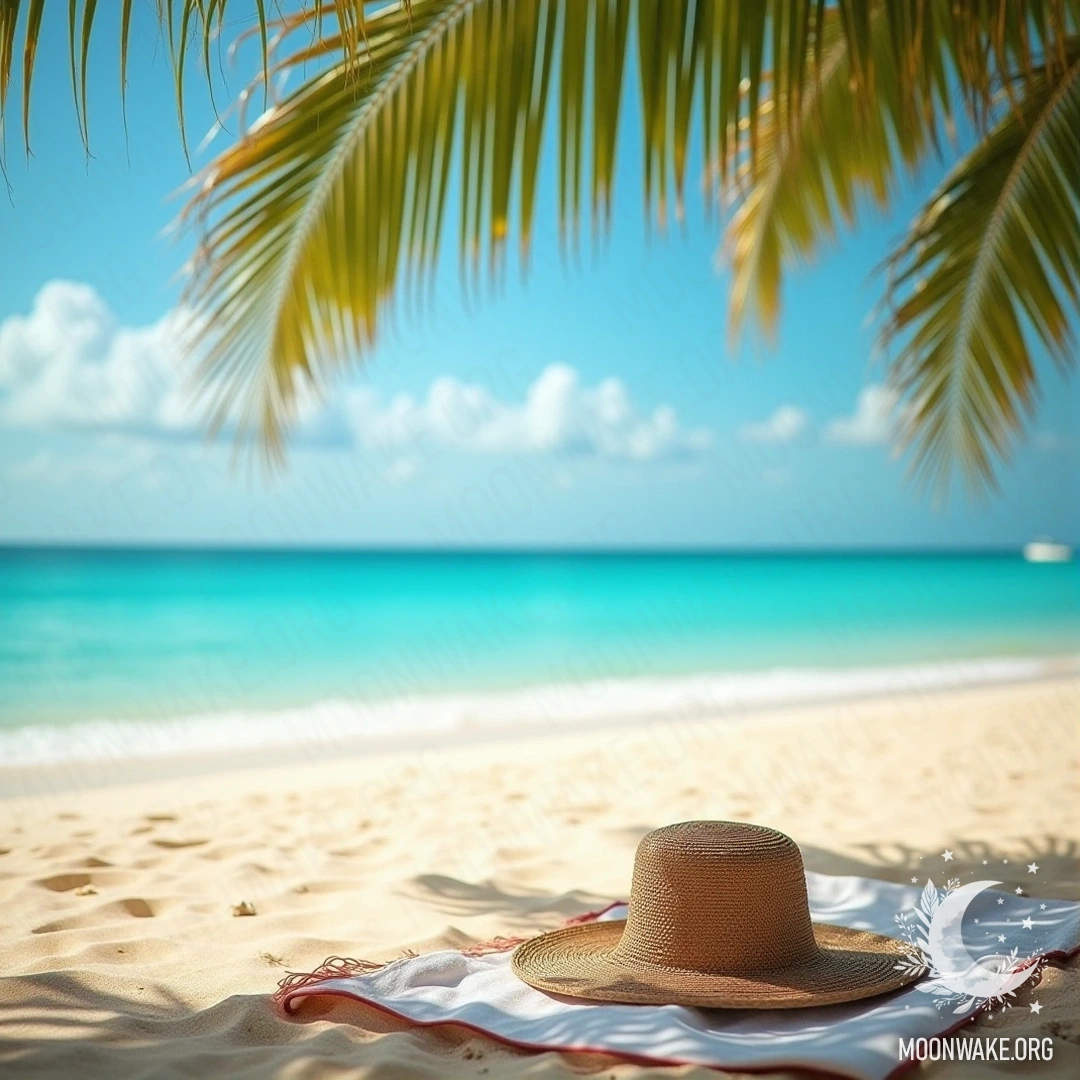 Сценический пляж с бирюзовой водой, золотистым песком и соломенной шляпой на полотенце под пальмой.