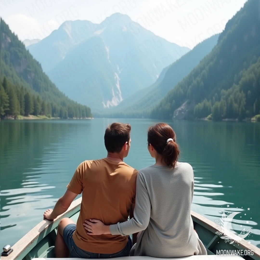 Пара наслаждается спокойной прогулкой на лодке по тихому озеру, окруженному горами и зеленью.