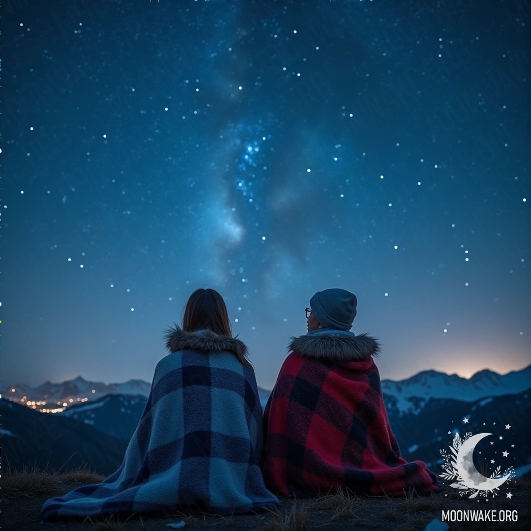 Два человека, завернувшиеся в плед, наблюдают за звёздами с вершины холма.