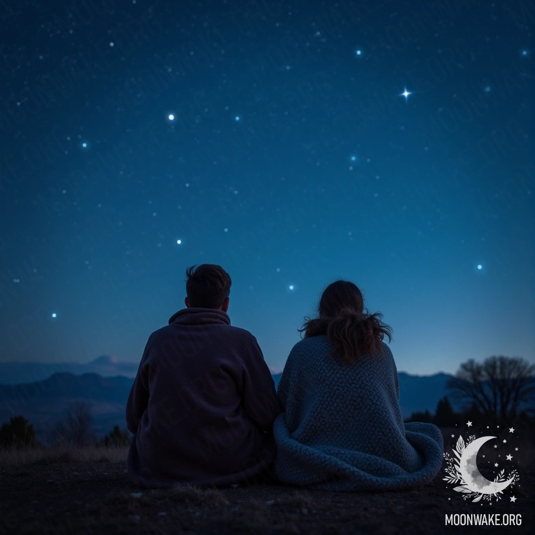 Два человека, завернувшиеся в плед, наблюдают за звёздами с вершины холма.